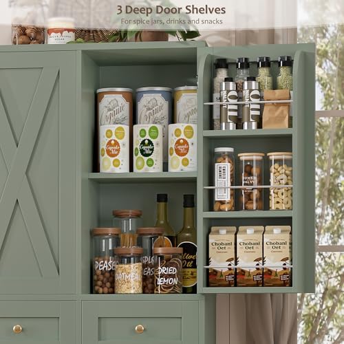 HOSTACK 67"H Farmhouse Kitchen Pantry Storage Cabinet with 3 Drawers, Green | Large Food Pantry Cabinet with Swing-Out Door Rack & Adjustable Shelf for Kitchen, Dining room, Living room