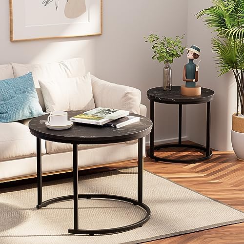 aboxoo Round Nesting Coffee Table Side Set of 2 End Tables for Living Room Bedroom Balcony,Black Faux Marble Wooden Table 23.6IN Accent Large Coffee Table with Steel Frame