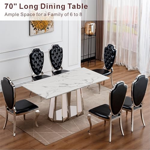 70'' Faux Marble Dining Table for 6-8, Modern Dining Room Table with Mirrored Stainless Steel Base, Suitable for Kitchen, Restaurant, Office, MDF Finish-White Silver