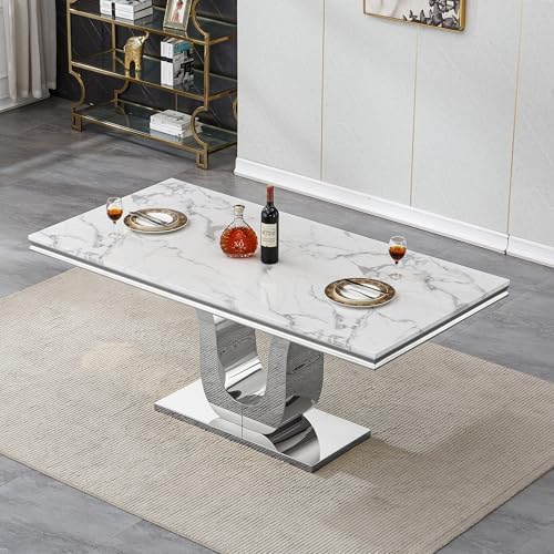SSLine Modern White Marble Dining Table for 6-8 Rectangle 68" Faux Marble Kitchen Table for 6 Luxury Dining Room Tables with Silver Mirrored Stainless Steel U-Shape Pedestal Base for Home Office