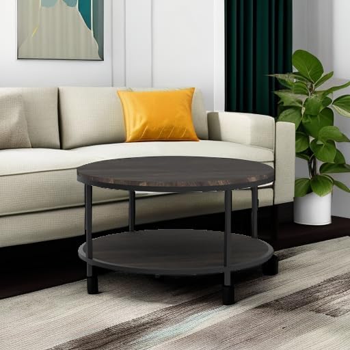 NSdirect 36 inches Round Coffee Table, Rustic Wooden Surface Top & Sturdy Metal Legs Industrial Sofa Table for Living Room Modern Design Home Furniture with Storage Open Shelf(Rustic Brown)