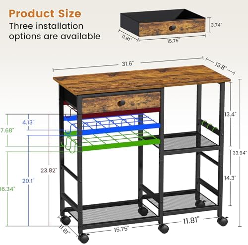 Microwave Stand, Coffee Cart, Microwave Cart with Wheels & Adjustable Shelf | Coffee Bar Table Station, Rolling Storage Cart Organizer Shelf for Living Room, Kitchen Island, Office, Rustic Brown