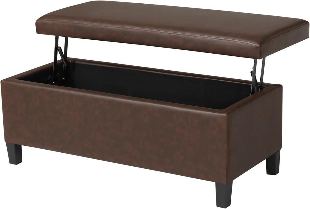Adeco 42" Storage Leather Bench for Living Room – Black & Red Two-Tone End of Bed Storage Bench, Multi-Functional Top-Lift Coffee Table Ottoman with Storage for Bedroom or Entryway