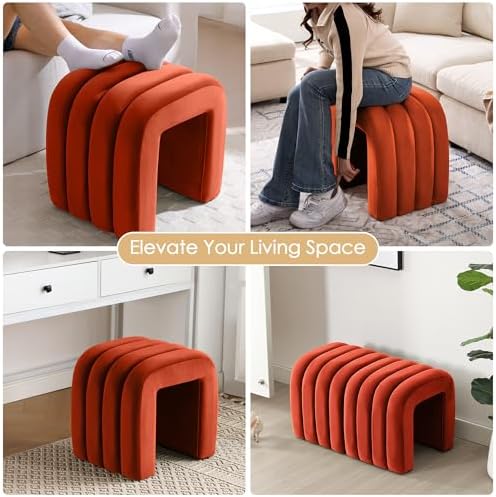 ONEVOG Velvet Pouf Ottoman, Small Ottoman Foot Rest for Couch, 18 Inch Cute Vanity Chairs for Makeup, Living Room Decorative, Sturdy Frame, Upholstered Modern Footrest for Bedroom, Dorm, Rust, 2Pcs