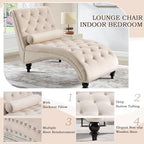 SLEERWAY Chaise Lounge Chair Indoor, Modern Velvet Upholstered Sofa with Solid Wooden Leg and Lumbar Pillow, Button Tufted Sleeper Chaise Lounge Chairs for Bedroom Living Room Office, Beige