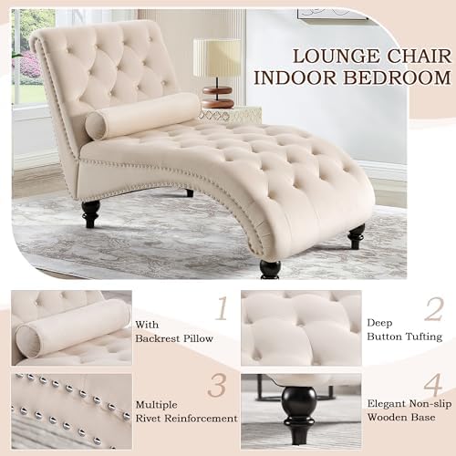 SLEERWAY Chaise Lounge Chair Indoor, Modern Velvet Upholstered Sofa with Solid Wooden Leg and Lumbar Pillow, Button Tufted Sleeper Chaise Lounge Chairs for Bedroom Living Room Office, Beige