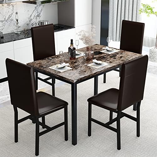 AWQM 5 Piece Dining Table Set for 4,Faux Marble Kitchen Table and Chairs for 4, Modern Dining Room Table with 4 Chairs,Dinner Table Set for Small Spaces, Brown