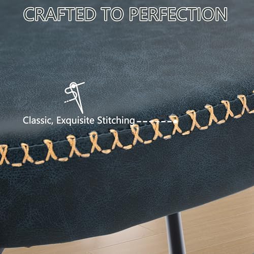 Rattan Dining Chairs Set of 2, Blue Leather Upholstered Dining Chairs with Rattan Cane Back, Mid Century Modern Dining Room Chairs with Black Metal Legs & D-Shaped Thicken Cushion, Blue