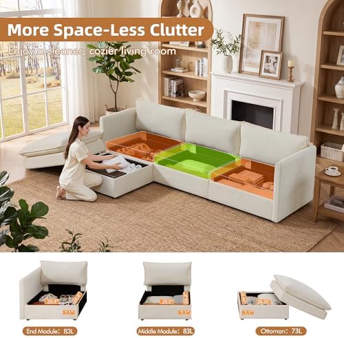 WorthFurni Modular Sectional Sofa with Storage Ottomans,103" L-Shaped Cloud Couch,Comfy Modern Couches with Pillows & Upholstered Deep Seat Cushion for Apartment Living Room Bedroom（Beige）