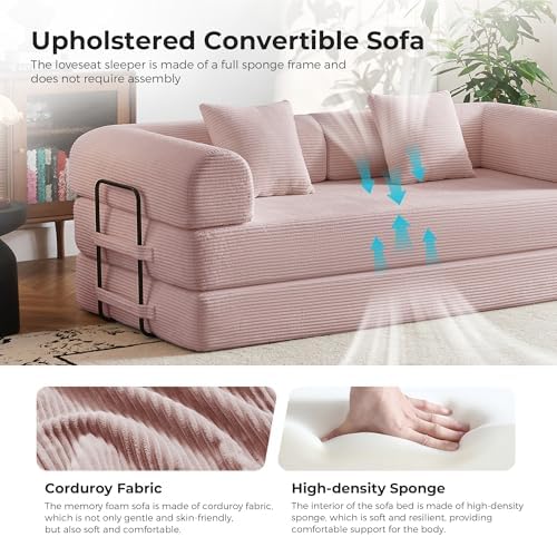 79" Convertible Sofa Bed, Couches for Living Room | Pink | Corduroy Futon Sofa Bed with Pocket Springs, Modular Sleeper Couch in a Box, No Assembly