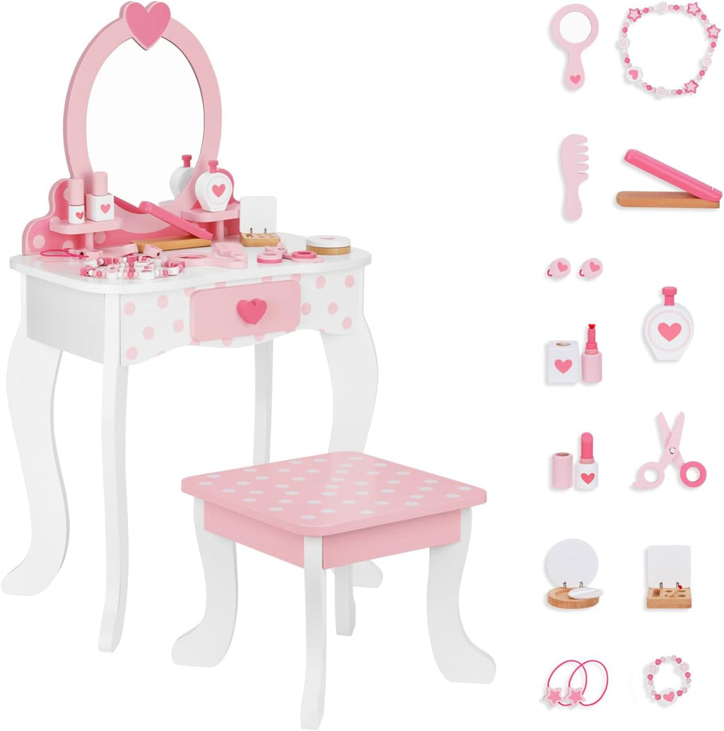 OOOK Kids Vanity Set with 15pcs Make-up Accessories, Pink Heart-Themed | FSC Safety, Toddler Vanity Table and Chair Set with Mirror and Drawer, Suitable for Girls Aged 3+