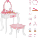 OOOK Kids Vanity Set with 15pcs Make-up Accessories, Pink Heart-Themed | FSC Safety, Toddler Vanity Table and Chair Set with Mirror and Drawer, Suitable for Girls Aged 3+
