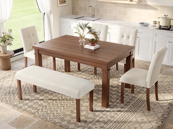 Ball & Cast Dining Table Set for 6 W/Bench & 4 Upholstered Chairs,6 Piece Dining Set W/ 60" Rectangle Kitchen Table & Anti-Scratch Pads,Table and Chairs Set for Living Room,Dining Room,Walnut