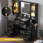 Wodeer Black Makeup Vanity Desk with Mirror & Lights, Modern Vanity Table with Charging Station, 7 Drawers, Glass Cabinet, Adjustable Shelves, Bedroom Dressing Table Set for Women & Girls