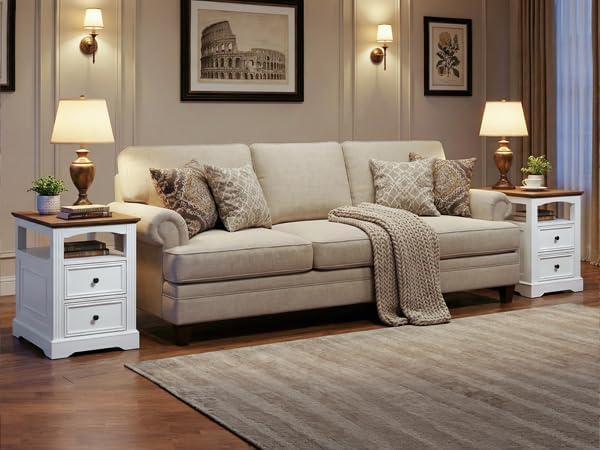 RALGEND Farmhouse End Table with 2 Drawers, Narrow Sofa Side Table with Storage and Open Shelf, Wooden Nightstand for Small Spaces, Bedroom, Living Room, White and Walnut