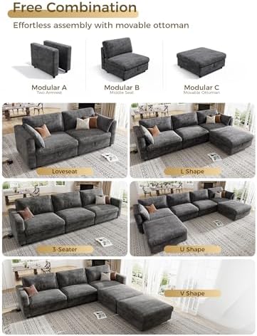 KKL Modular Sectional Couches for Living Room, U Shaped Sofa Couch with Adjustable Backrest, Chenille 6 Seater Sofa Couch with Convertible Ottoman and Comfy Cushion, Grey