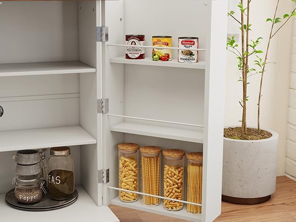 Kitchen Pantry Cabinet with Drawer Storage, 48” Modern Farmhosue Kitchen Hutch with Glass Doors, White Storage Cabinet with Countertop and Adjustable Shelves for Dining Room, Living Room