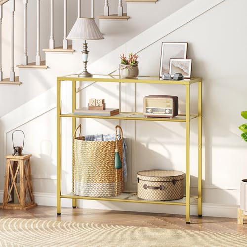 HOOBRO 29.5" Narrow Console Table, 3-Tier Tempered Glass Sofa Table | Modern Entryway Table, for Entrance, Living Room, Foyer, Hallway Bedroom, Gold GD21XG01G1