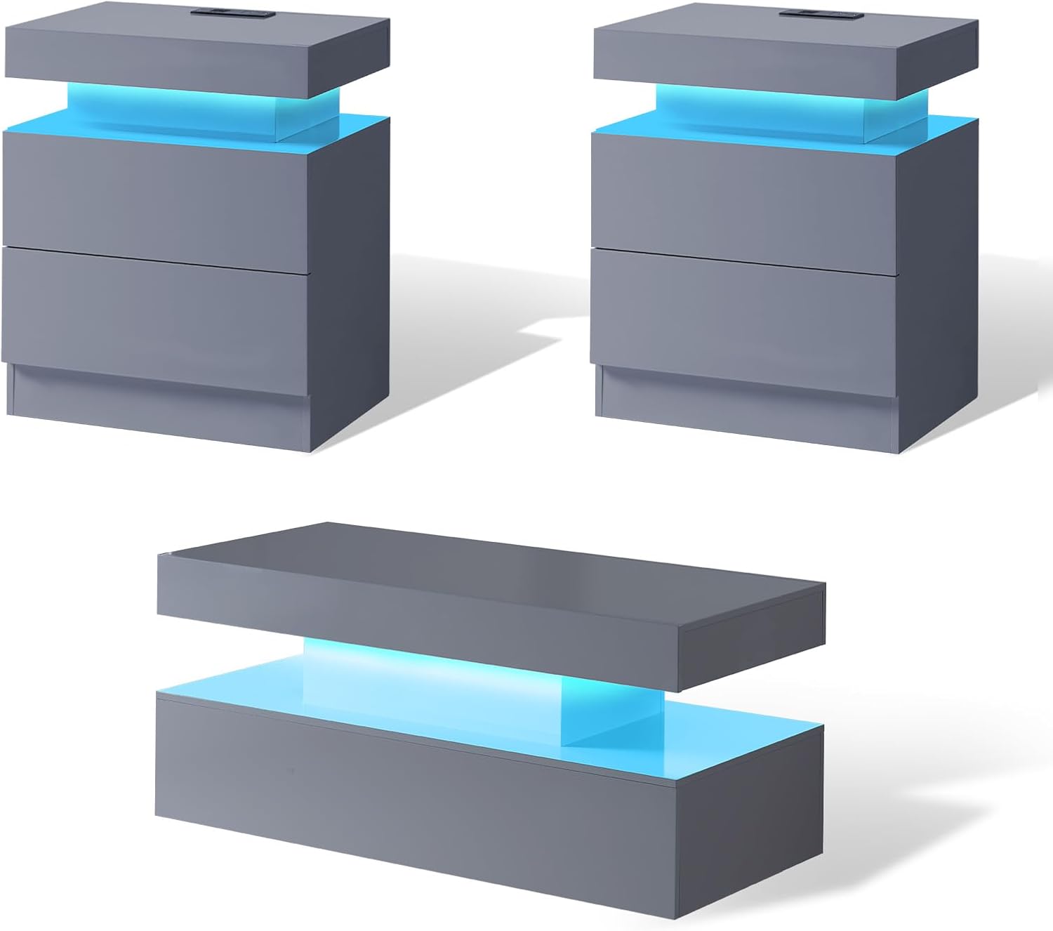 AMERLIFE 3-Piece High Gloss Coffee Table Set with LED Lights