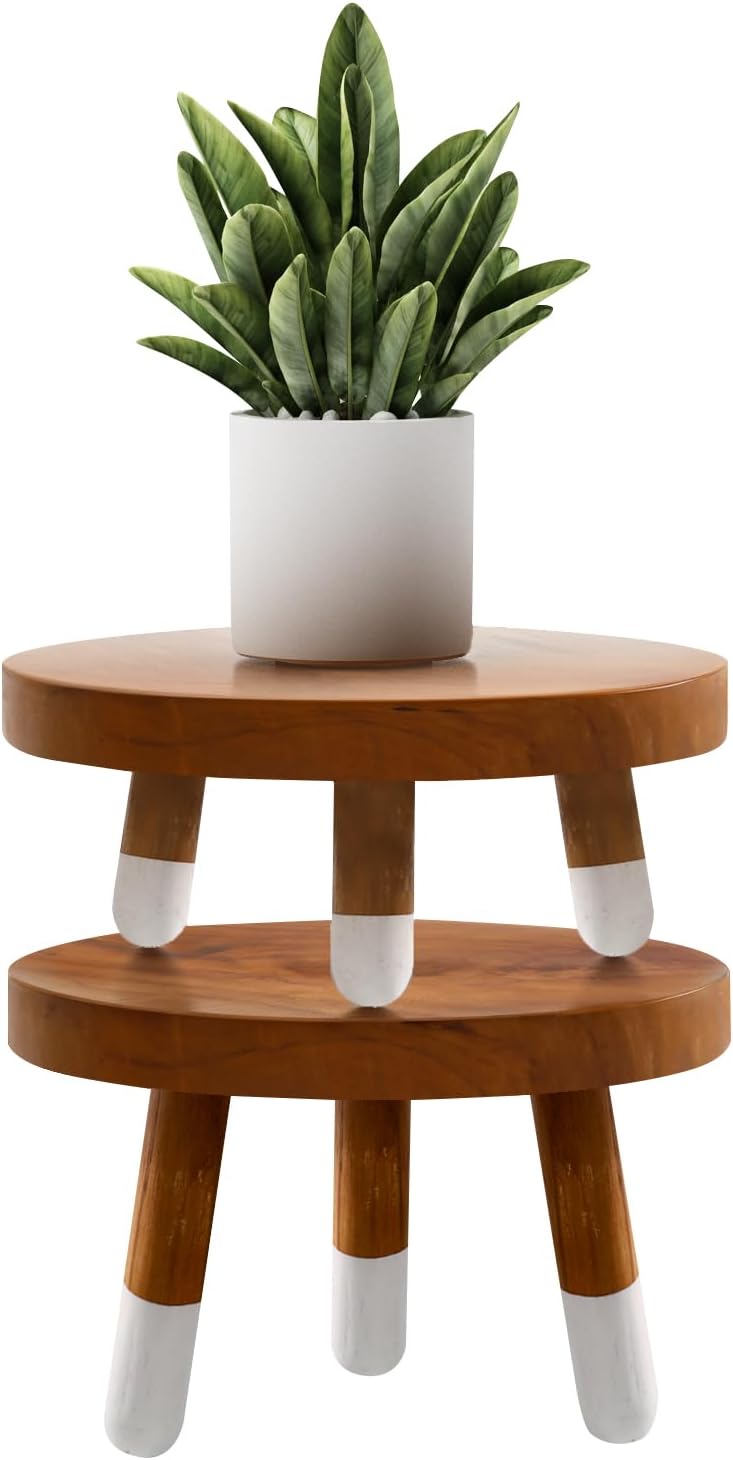 9" Round Dip Dyed Teak Plant Stand |Wood Risers for Decor | Wood Pedestal Stand Riser 4"+6" Tall-2 Pack