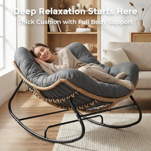 SWITTE Outdoor Rocking Papasan Chair with Thick Cushion, Dark Gray | Oversized Modern Wicker Lounge Rocker with Comfy Cushion, Cozy Egg Chair Steel Frame for Patio, Porch,or Indoor Reading Nook