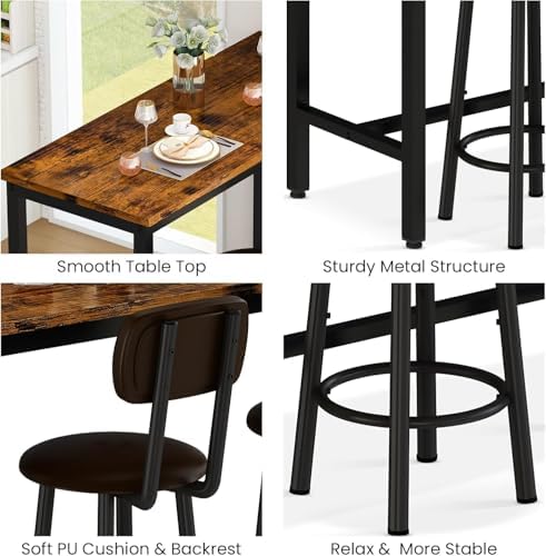 AWQM Bar Table Set of 2, Industrial Bar Table and Chairs Set of 2,3 Piece Bar Height Table with 2 Backrests Stools,Small Kitchen Table for 2,Small Space,Brown & Black