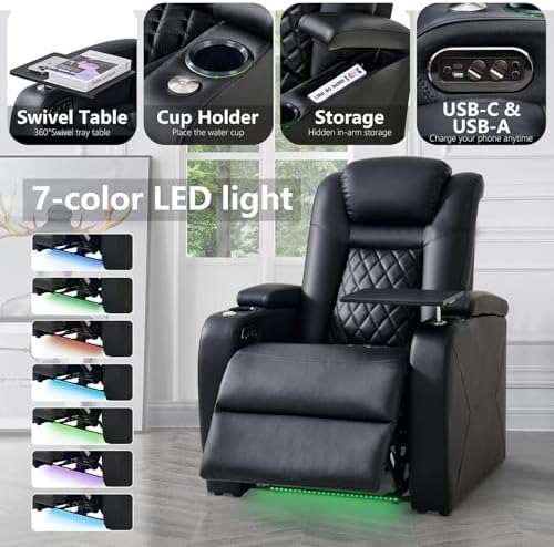 Home Theater Seating, Classic Series Leather Movie Theater Chairs, Power Headrest and Memory with C-Type USB Charger, 7-Color Ambient Lighting and Tray Table, Black Power Adjustable Recliner(Row of 4)