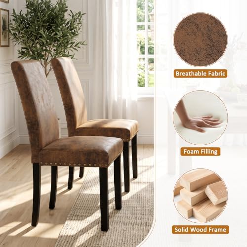 Dining Chairs Set of 4, Vintage Brown Kitchen Chairs with Nailhead Trim | Comfy Padded Parsons Chairs with Solid Wood Legs, Suitable for Dining Room, Kitchen, Restaurant