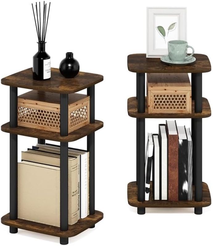 Pemberly Row 3-Tier Turn-N-Tube Curve End Table, Amber Pine/Black Finish, CARB-Grade Composite Wood, Rounded Edges, Minimalist Style, 11.3 x 13.15 x 22.76 in, Side Table for Living Room or Bedroom