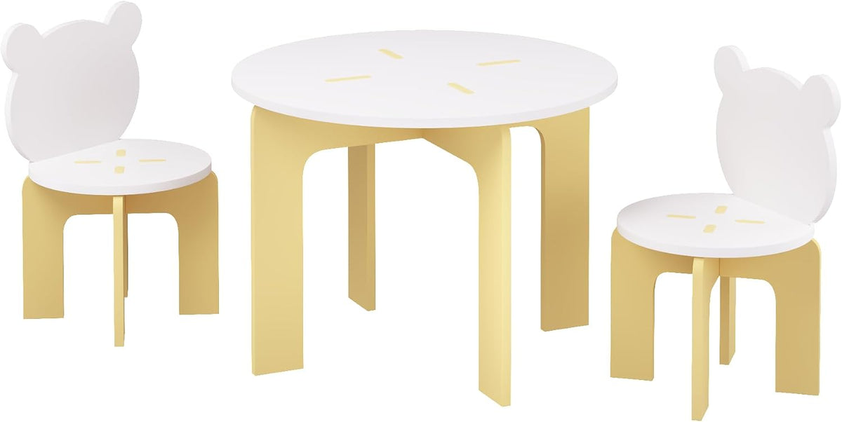 3-Piece Table & Chair Set, Cute Bear-Back Chairs | Ages 3-8 Boys & Girls | Solid Wood Legs | Safe Rounded Corners | Playroom,Daycare, Classroom,Home Activity