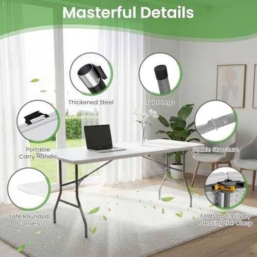 6FT White Plastic Folding Table Heavy Duty Tables Set of 1 | HDPE Tabletop Fold-in-Half Portable Utility Foldable Carrying Handle for Party Picnic Dining Office Event Indoor & Outdoor