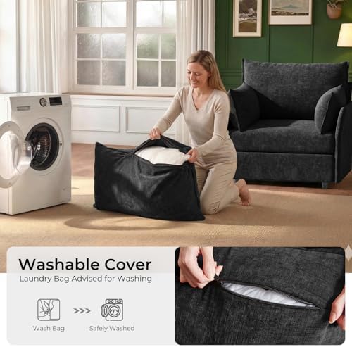 ABCASA Oversized Chenille Accent Chair,Washable Cover and Deep Seat,Black | Extra Wide Seat and Washable Cover,with Fluffy Pillows and Soft Cushions,Reading Chairs for Living Room,Bedroom,Pet-Friendly