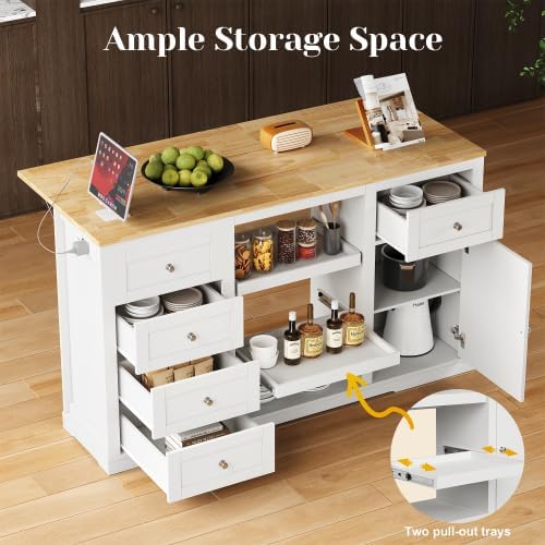 Kitchen Island with Charging Station Wood Kitchen Cart with Drawers Cabinet | Kitchen Island Cart, Wood Top Kitchen Island with Drawer Cabinet & Dual Pull‑Out Trays for Household Storage