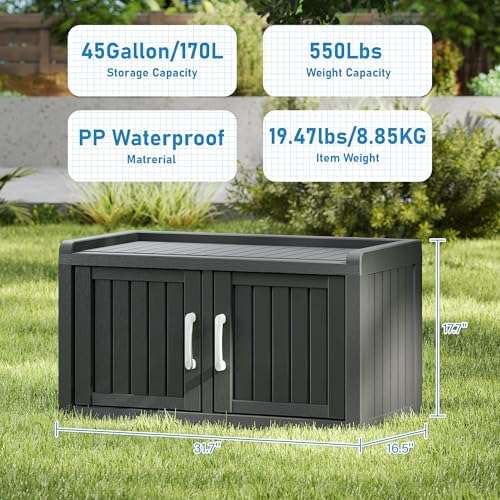 2-Tier Storage Bench, Waterproof UV-Resistant Outdoor Shoe Storage Cabinet with 2 Doors & Adjustable Shelves for Indoor Outdoor Entryway, Hallway, Living Room (Black)