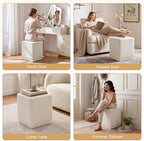 Homebeez Modern Square Ottoman, Vertical Channel Tufted Foot Stool Ottoman, Corduroy Velvet Upholstered Vanity Stool for Makeup, Bedroom, Living Room, Cream White