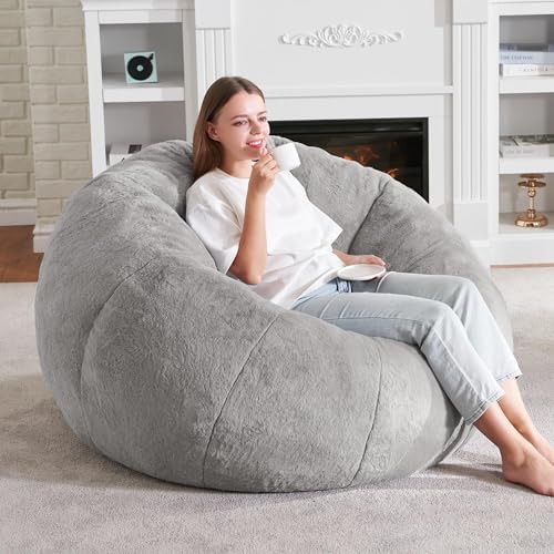 Hobestluk Large Beanbag Chairs for Adults Donut-Shaped Plush Sofa Couch | Grey, Oversized Bean Bag Chair with Faux Fur Cover Foam Filling Cozy Lounger for Bedroom Living Room Reading