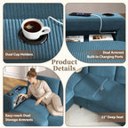 wanan Sectional Sleeper Sofa with Pull Out Couch Bed, 7 Seats Modular U Shaped Cloud Couch with Storage Chaise, Dual Arm Storage & USB Charging, Adjustable Backrest Sofa,Blue Corduroy