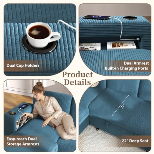 wanan Sectional Sleeper Sofa with Pull Out Couch Bed, 7 Seats Modular U Shaped Cloud Couch with Storage Chaise, Dual Arm Storage & USB Charging, Adjustable Backrest Sofa,Blue Corduroy