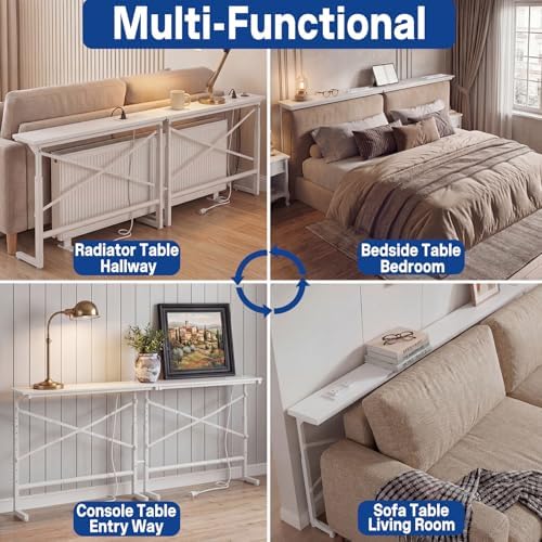 78.8inch Adjustable Height Narrow Sofa Side Table with 2 Power Outlets, Couch Behind Table for Small Space, Hallway, Entryway, Bedside, Bedroom, Stable, Easy to Assemble & Clean