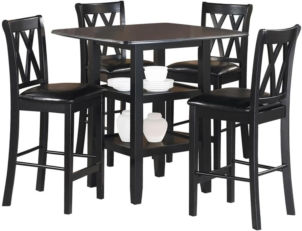 MAKLAINE 5 Piece Solid Wood Counter Height Dining Set, Black Finish, Table with 2 Shelves and 4 X-Back Chairs, Faux Leather Seat Upholstery, 39.5 in Table for Kitchen or Dining Room