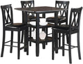 MAKLAINE 5 Piece Solid Wood Counter Height Dining Set, Black Finish, Table with 2 Shelves and 4 X-Back Chairs, Faux Leather Seat Upholstery, 39.5 in Table for Kitchen or Dining Room