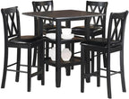 MAKLAINE 5 Piece Solid Wood Counter Height Dining Set, Black Finish, Table with 2 Shelves and 4 X-Back Chairs, Faux Leather Seat Upholstery, 39.5 in Table for Kitchen or Dining Room