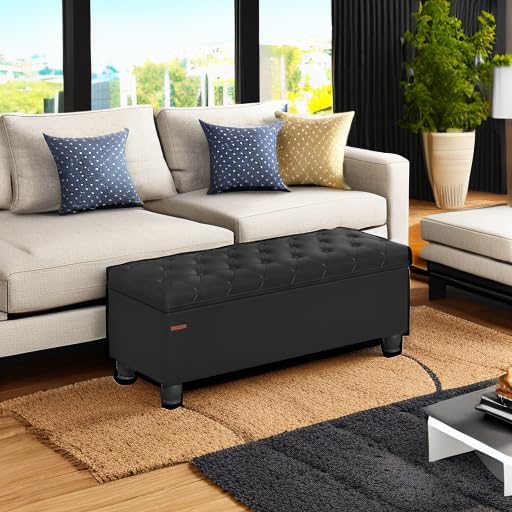 SONGMICS Storage Ottoman, 46.5 Inches Long Bed End Stool, Solid Wood Legs | Buttons Decoration, Non-Slip Foot Pads, 330.7 lb Load Capacity, Ink Black, MACEO Collection ULOM071B01