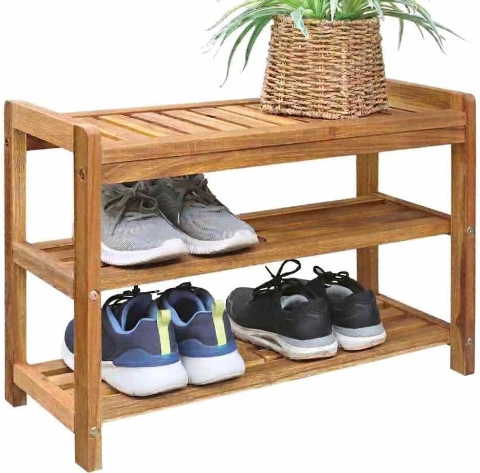27-Inch Wooden Shoe Bench for Entryway, 3-Tier Storage Organizer, Rustic Shoe Rack Bench for Narrow Spaces