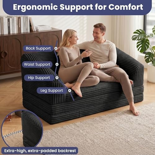 JUIKURY Convertible Sofa Bed, 3-in-1 Foldable Loveseat Couch with Armrest, Corduroy Floor Sofa & Sleeper Bed, No Assembly High-Density Foam Futon Mattress for Living Room, Small Apartment, Dorm