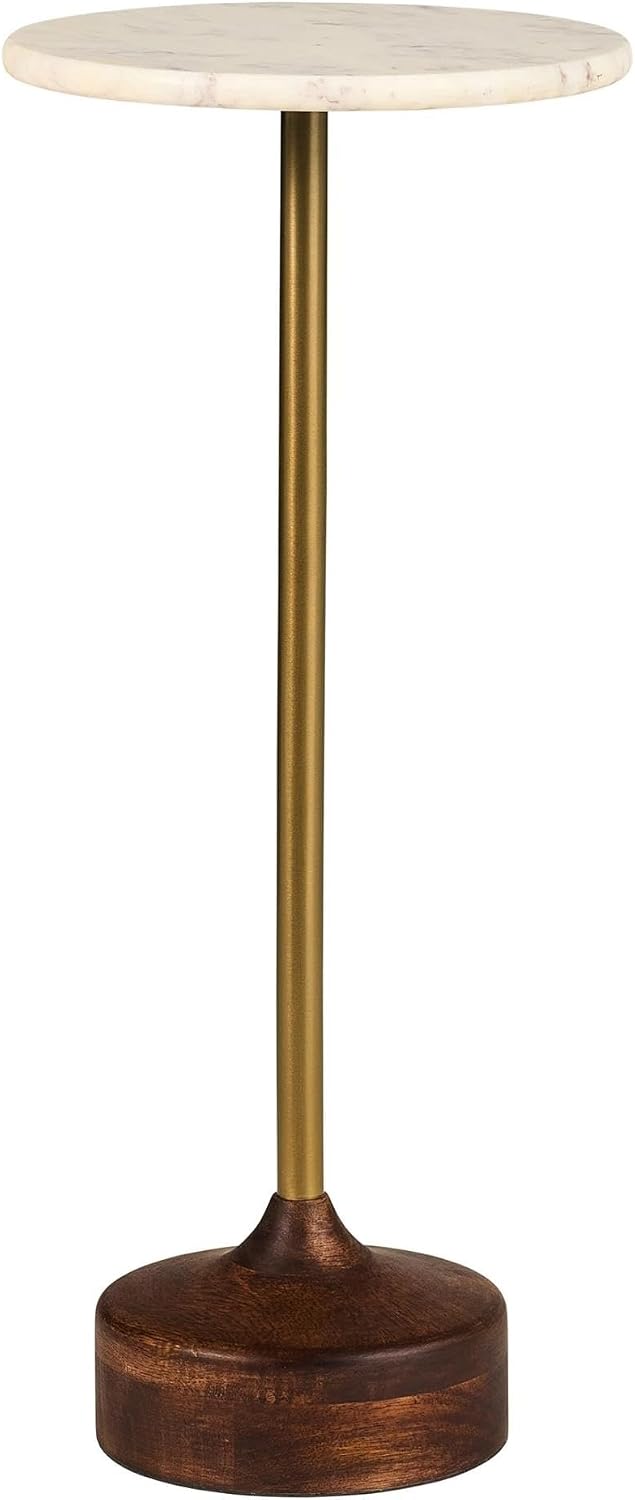 Round Accent Drink Table, Crafted with Genuine Marble Tabletop, Brass Support Frame and Solid Wood Base with Ready-to-Use Design(Single-White)