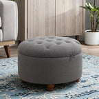 24'' Round Ottoman Coffee Table with Storage, Upholstered Tufted Ottoman with Flip Tray, Solid Wood Legs for Living Room, Bedroom, Dark Grey
