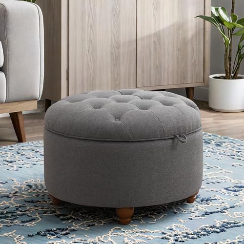 24'' Round Ottoman Coffee Table with Storage, Upholstered Tufted Ottoman with Flip Tray, Solid Wood Legs for Living Room, Bedroom, Dark Grey