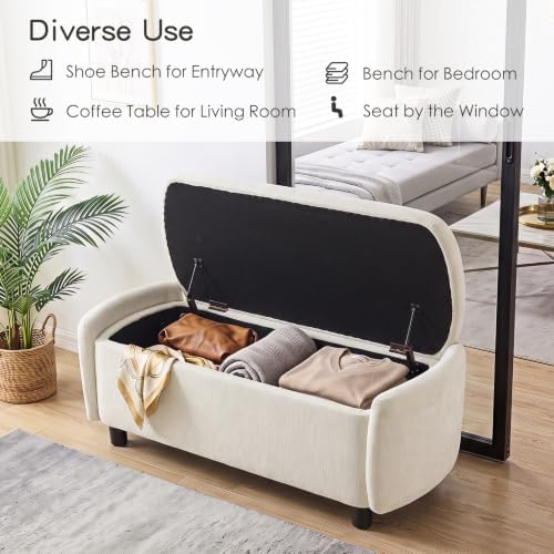 Furniliving 46.5‘’ Chenille Storage Bench, Button-Tufted Upholstered Storage Ottoman Bench with Safety Hinge, End of Bed Bench for Bedroom Entryway Living Room, Beige