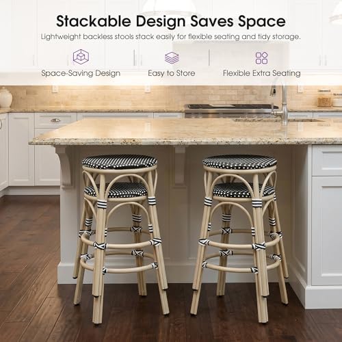 PURPLE LEAF Bar Stools 29" Round French Set of 2 Backless, Black | White Finish, Fade-Resistant Rattan Weave, Weather-Resistant Aluminum, Rustproof, Stackable Design, Wipe-Clean, No Assembly